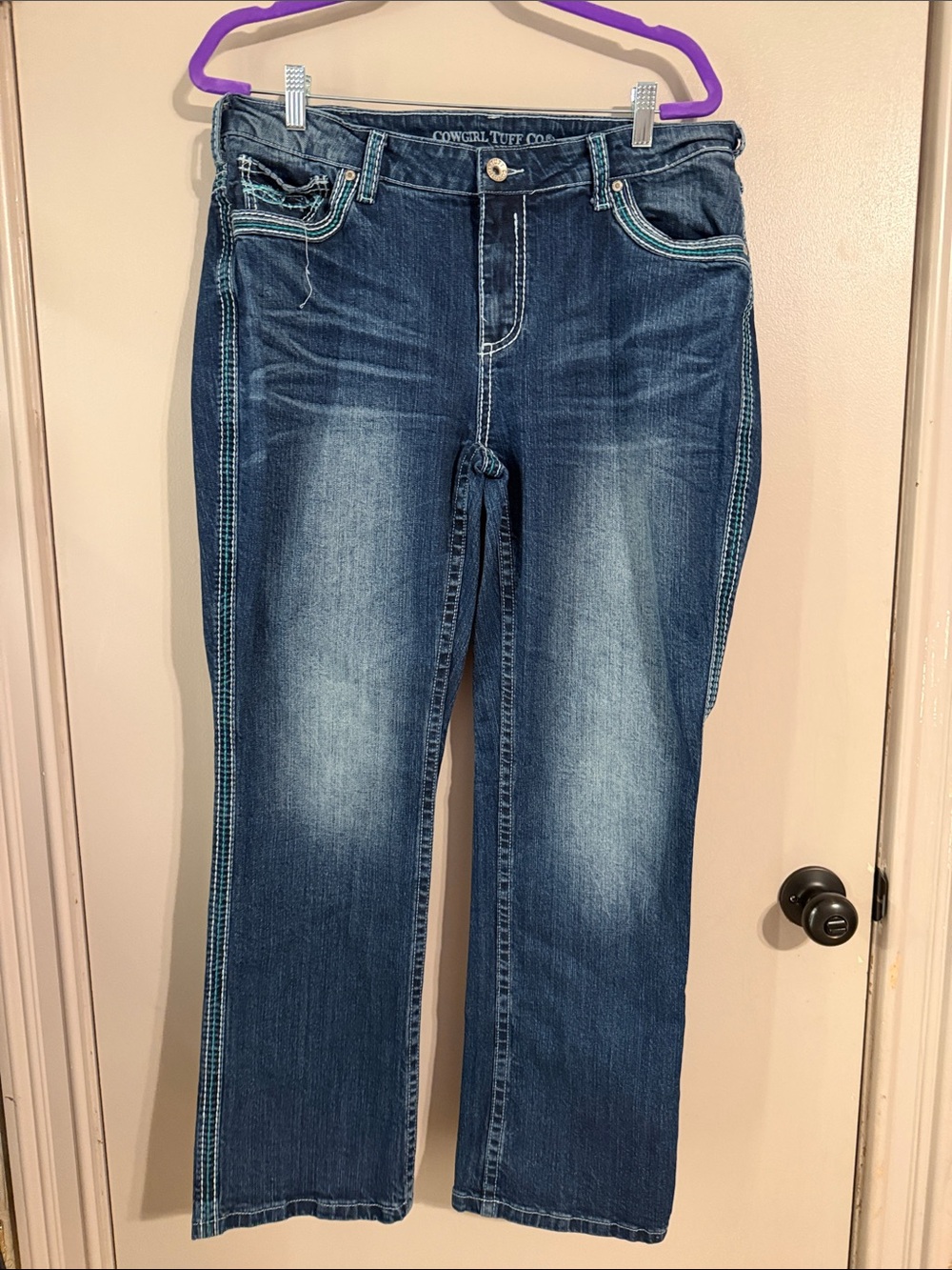 Cowgirl Tuff Women's Boot Cut Jeans - Dark Blue with Faded Wash